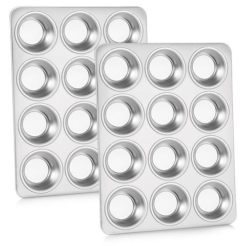 P&P CHEF front view stainless muffin pan shows durable 12-cup design and capacity