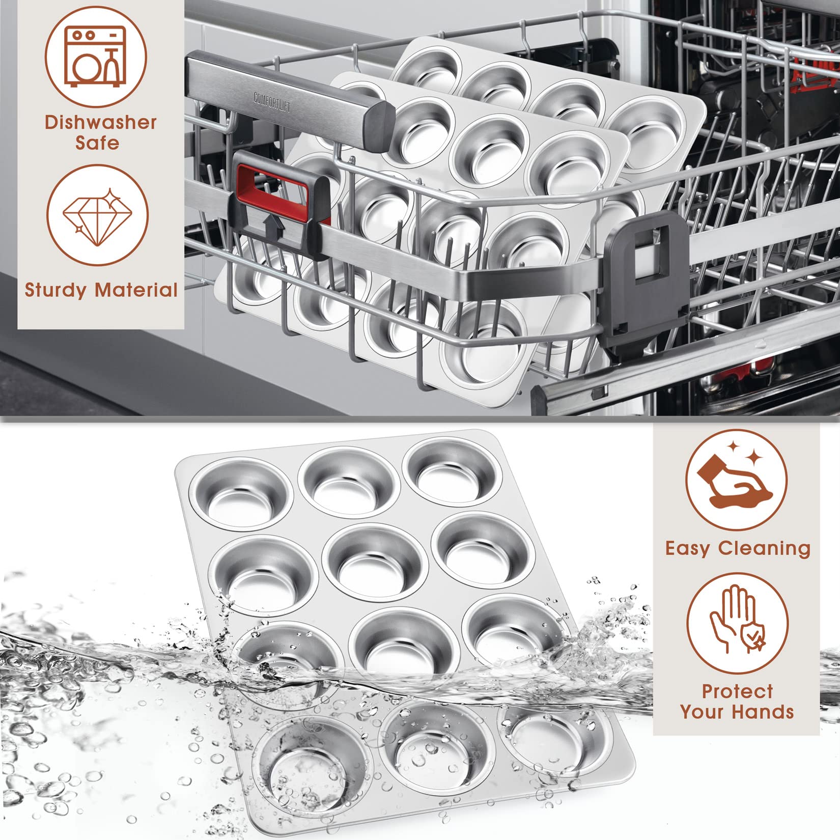 P&P CHEF pan in oven with baking muffins illustrating even heat distribution