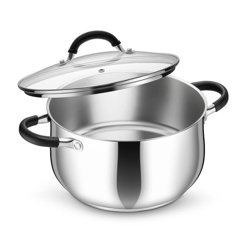 P&P CHEF front view of 6 quart stock pot showing lid and polished finish for clear monitoring
