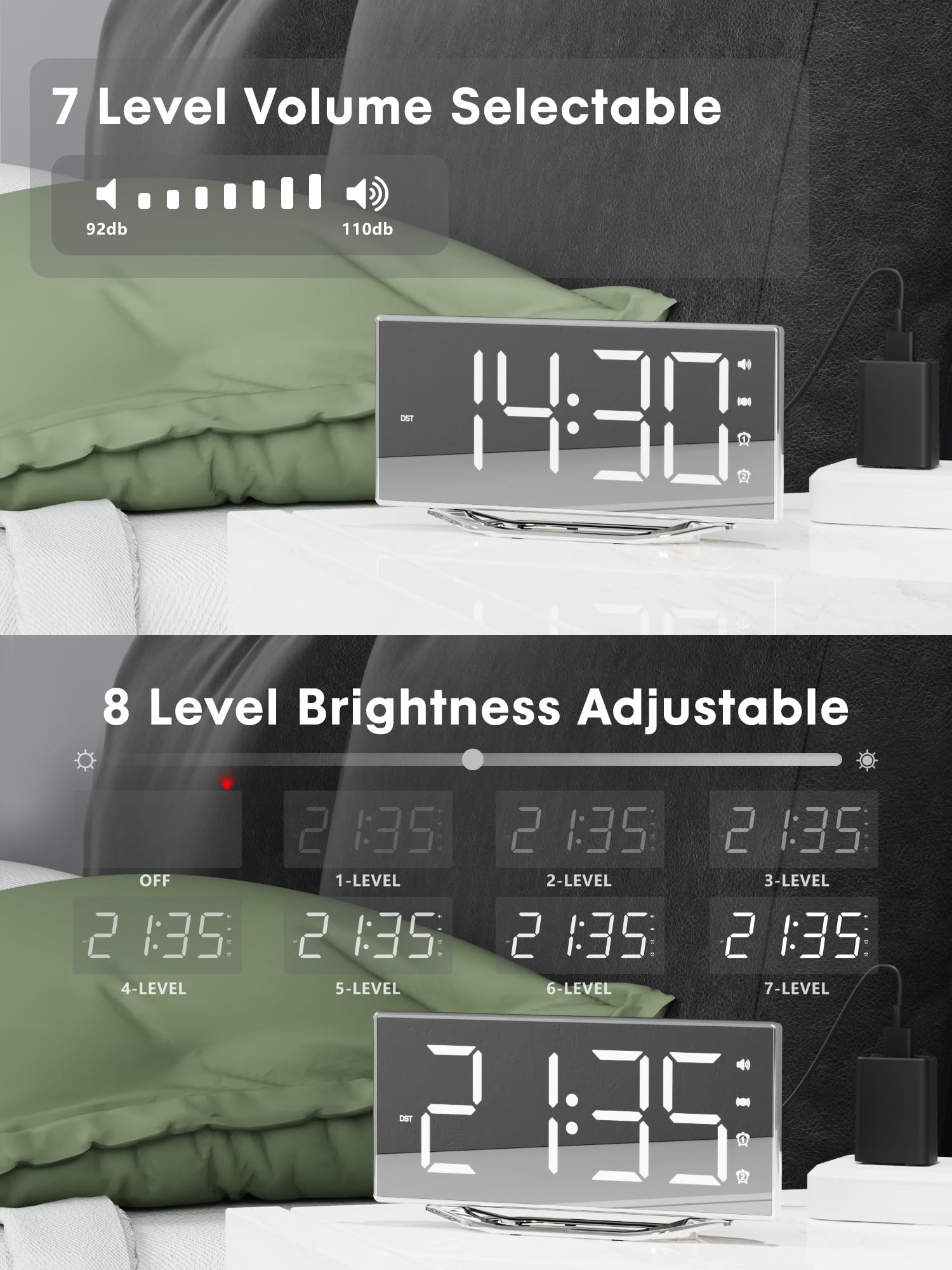 PPLEE top control buttons view showing easy-access alarm, snooze, and mode switches for simple use