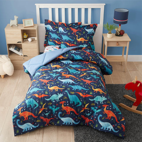 PPOLCA front view of dinosaur comforter set showing playful design and fit