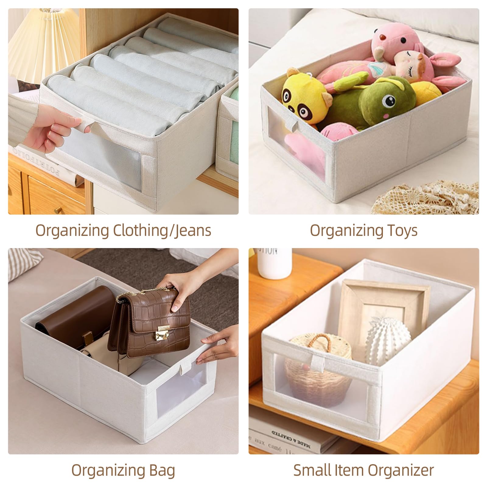 Pradnel filled bins on closet shelves illustrating tidy clothing and linen organization