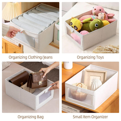 Pradnel filled bins on closet shelves illustrating tidy clothing and linen organization