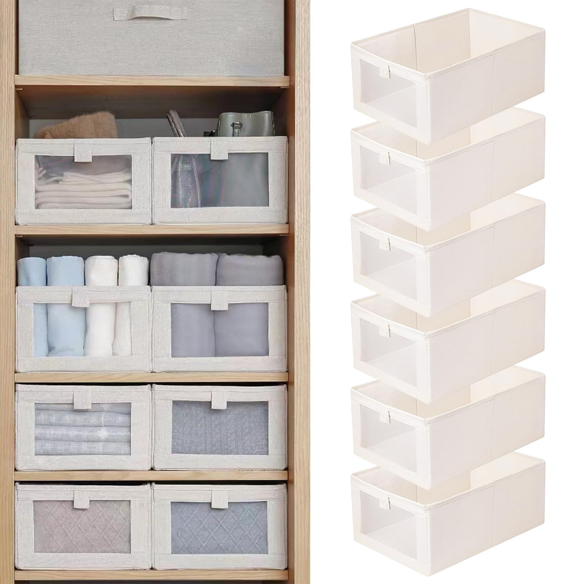 Pradnel front view of six linen bins showing organized shelves and quick access