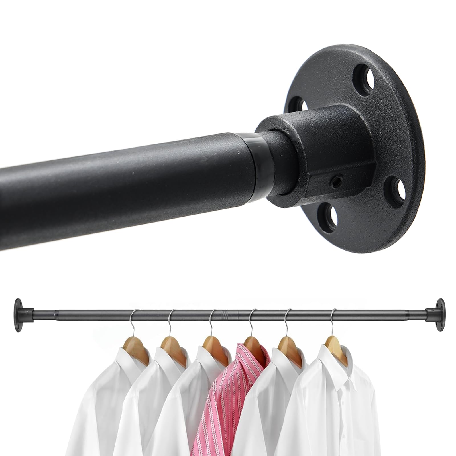 Pragmatist closet rod front view showing sleek black finish and sturdy profile