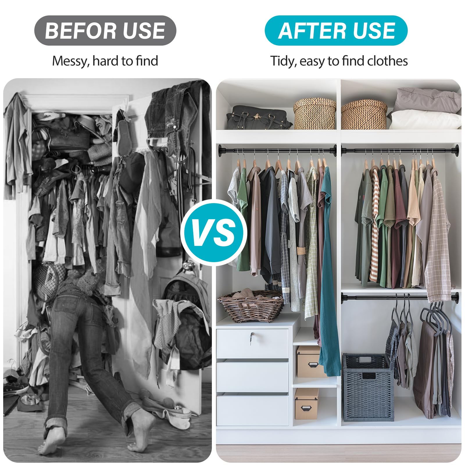 Pragmatist rod installed in wardrobe demonstrating neat space-saving organization