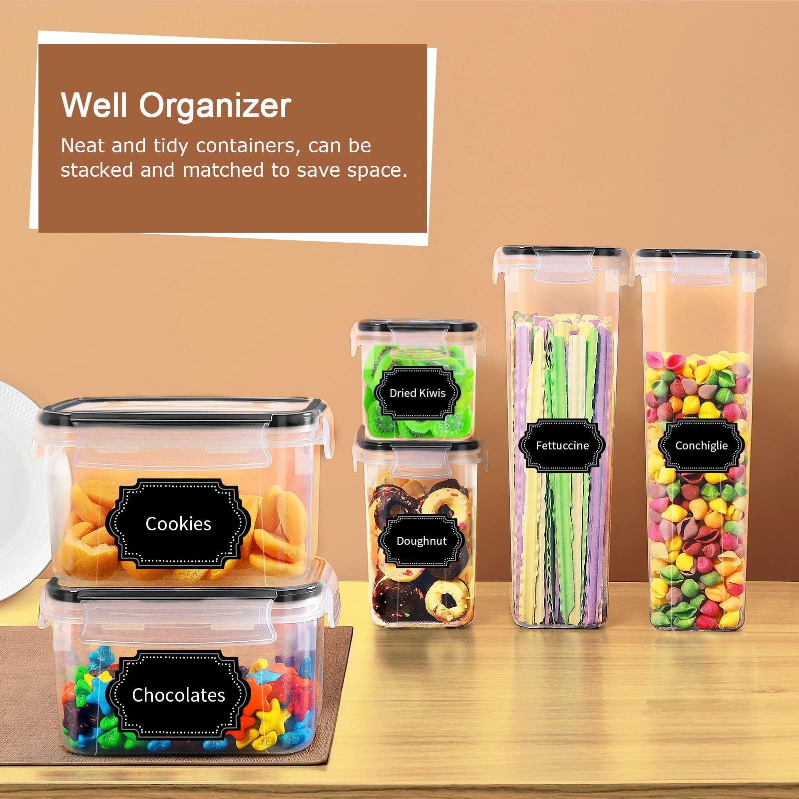PRAKI labeled containers on kitchen counter for quick identification and access