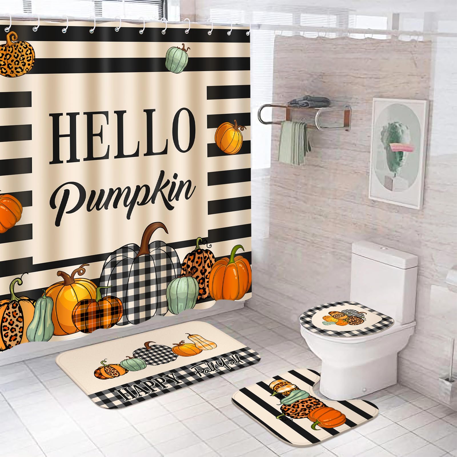 Preboun front packaging showing full four-piece fall bathroom set benefit: ready-to-use seasonal decor