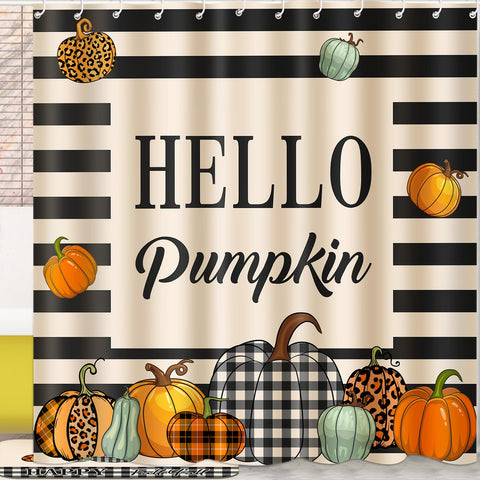 Preboun shower curtain close-up of watercolor pumpkins offering waterproof protection and warm design