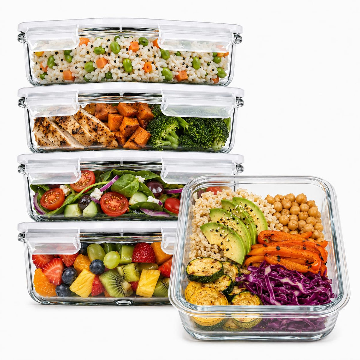 Prep Naturals front view of five 36oz glass containers showing tidy set