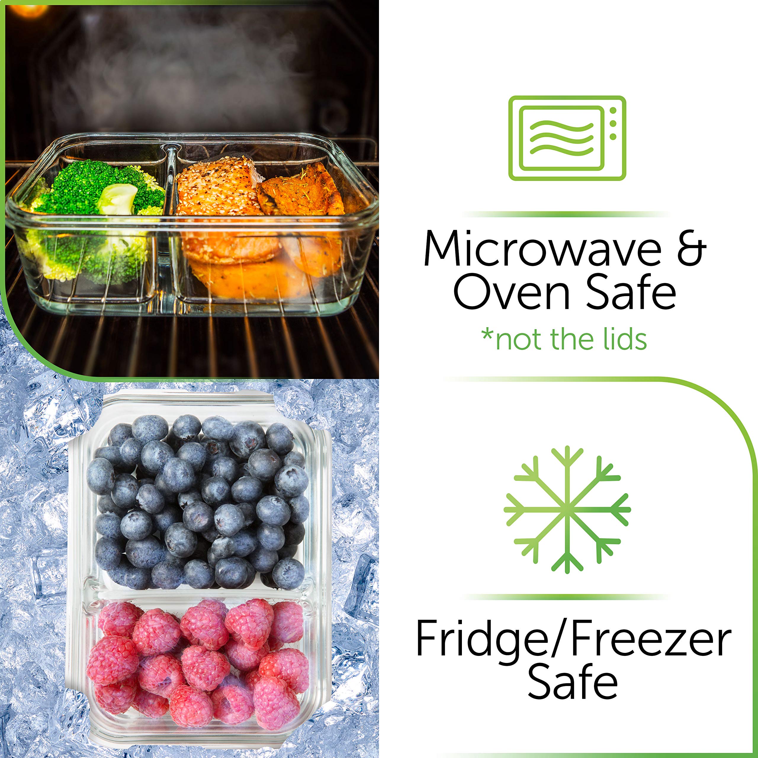 Prep Naturals glass base in oven illustrating oven-safe reheating advantage
