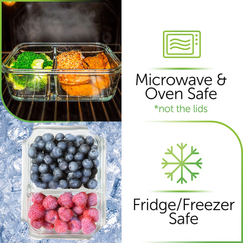 Prep Naturals glass base in oven illustrating oven-safe reheating advantage