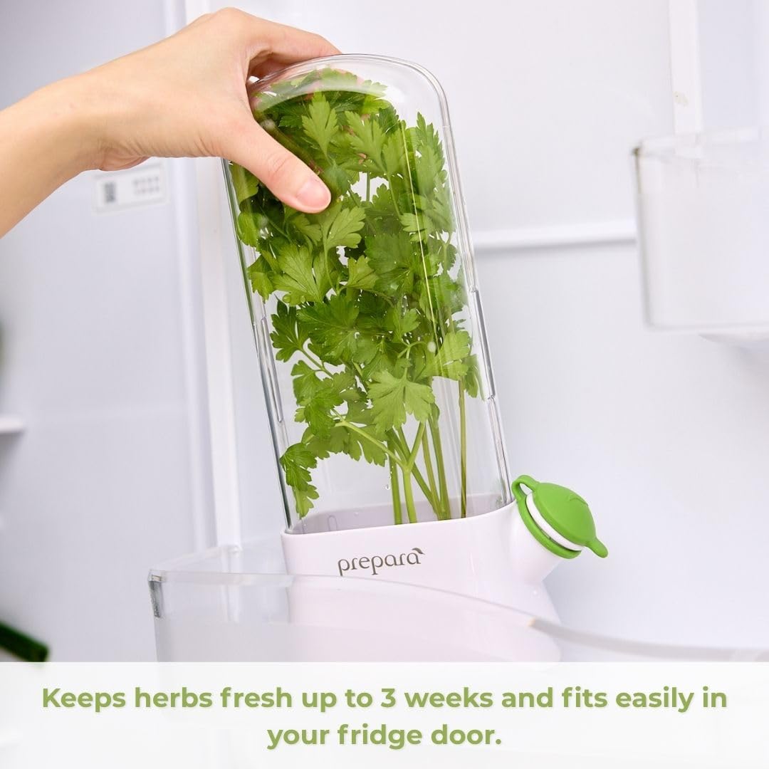 Prepara Herb Savor Eco stored in refrigerator door, saves space and keeps herbs handy