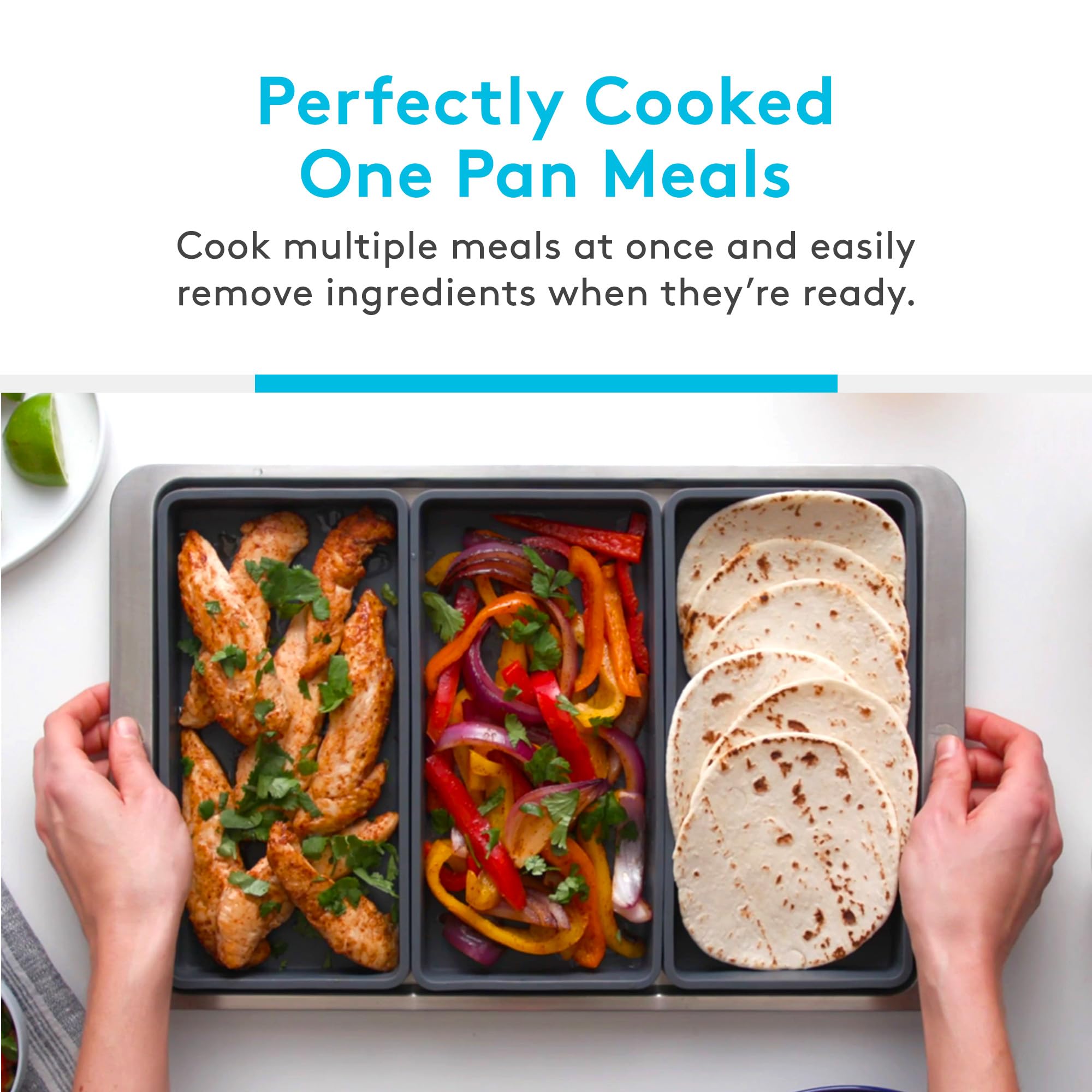 Prepd dividers fitted on a rimmed sheet pan to cook four foods simultaneously