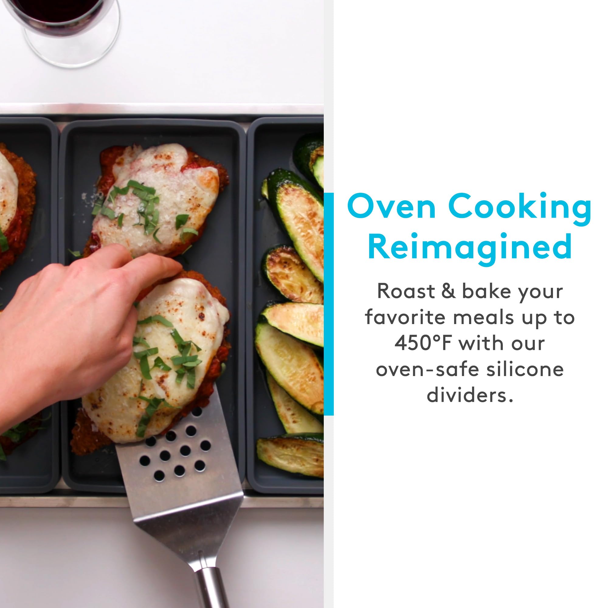 Prepd divider with roasted vegetables showing separated flavors and neat cooking