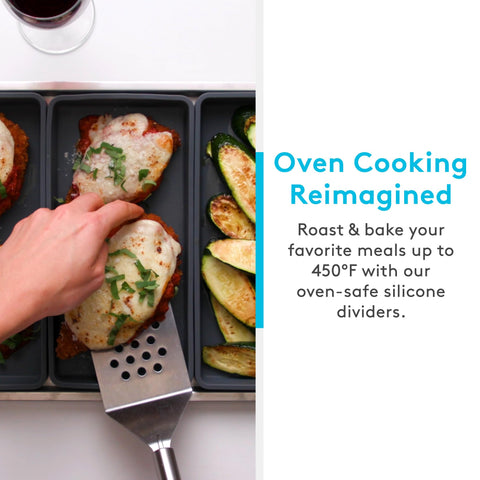 Prepd divider with roasted vegetables showing separated flavors and neat cooking