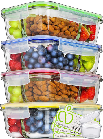 PrepNaturals front pack showing four 34oz three-compartment containers for meal prep convenience