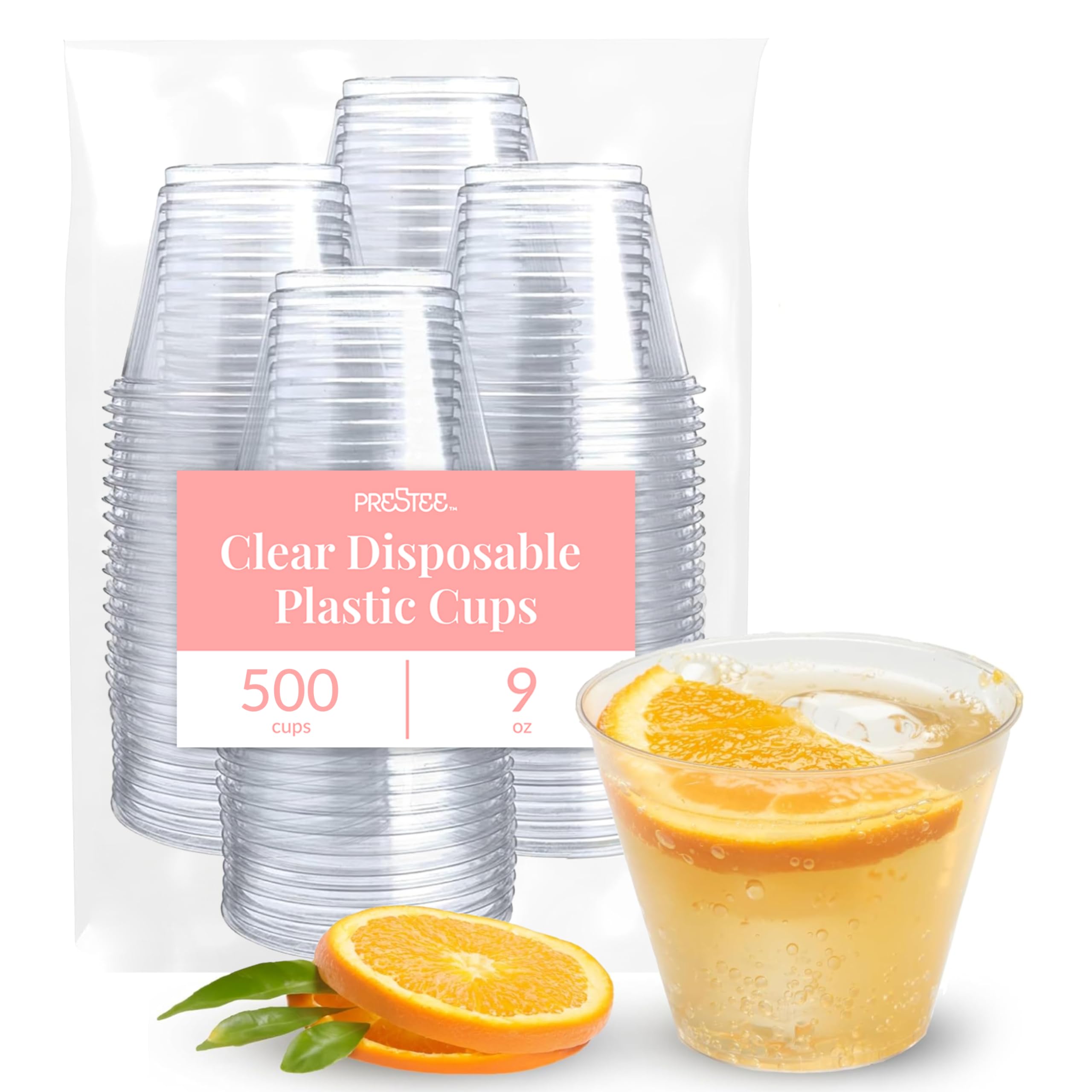 Prestee clear front packaging showing 500 cups and benefits