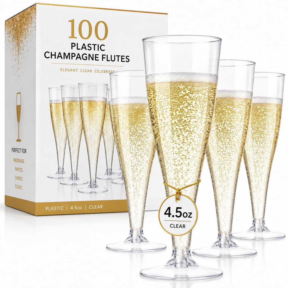 Prestee front packaging showing clear disposable champagne flutes and elegant appeal
