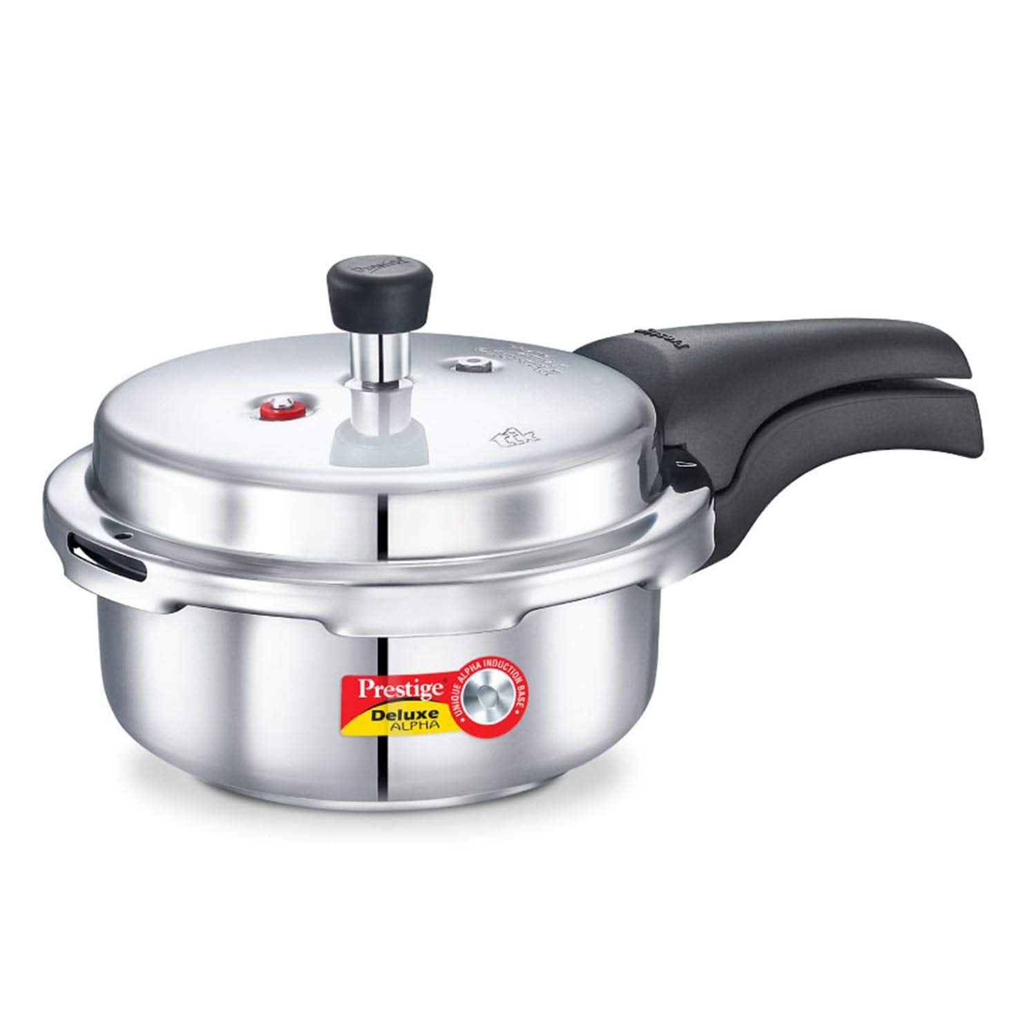 Prestige front view showing compact stainless steel cooker and ergonomic handle benefit