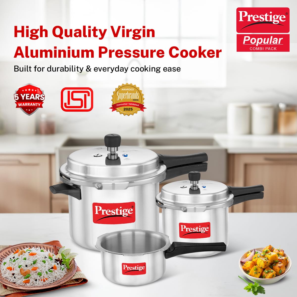 Prestige Popular Max 2L cooker side profile illustrating lightweight aluminium benefit