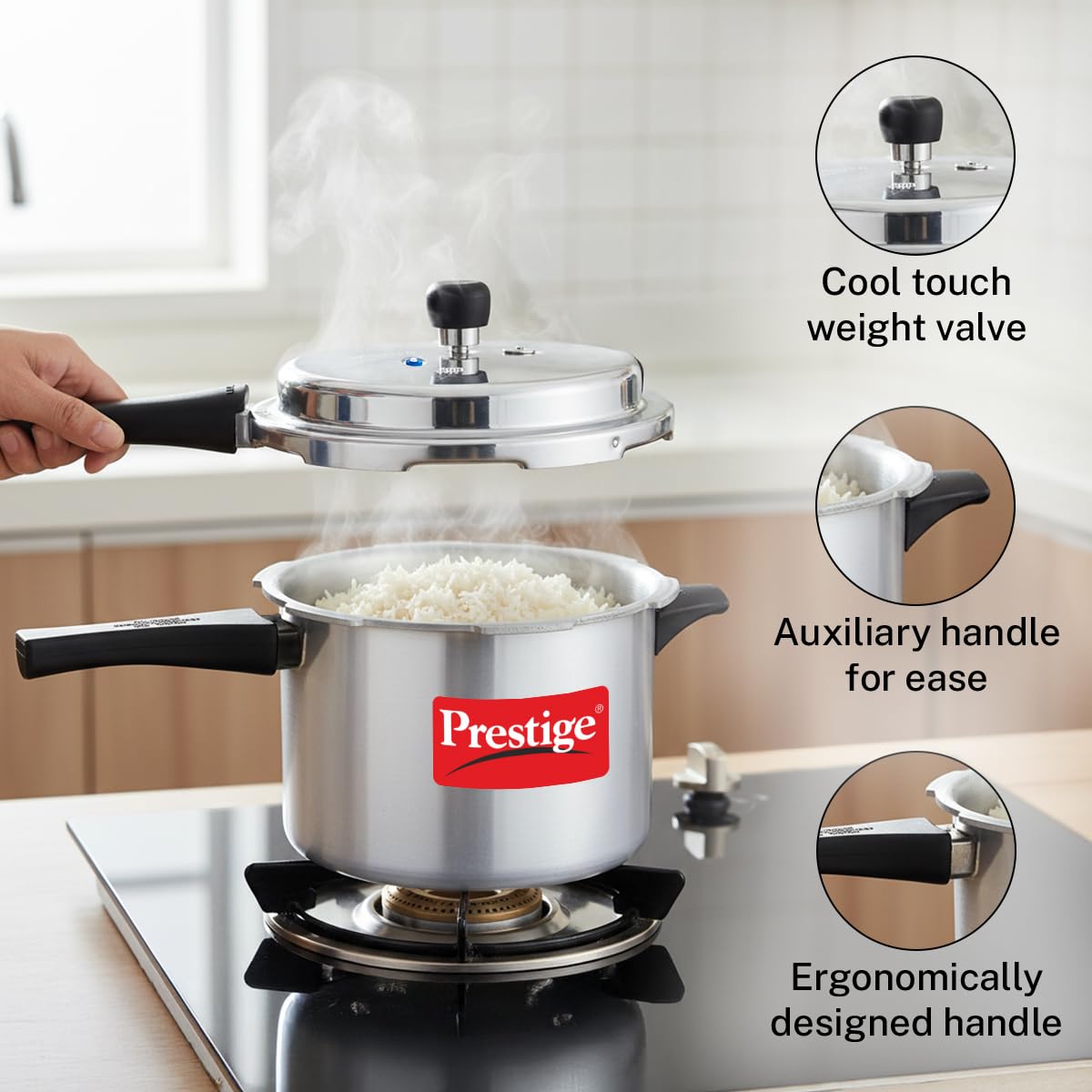 Prestige Popular Max ergonomic handle close-up showing secure grip and safety benefit