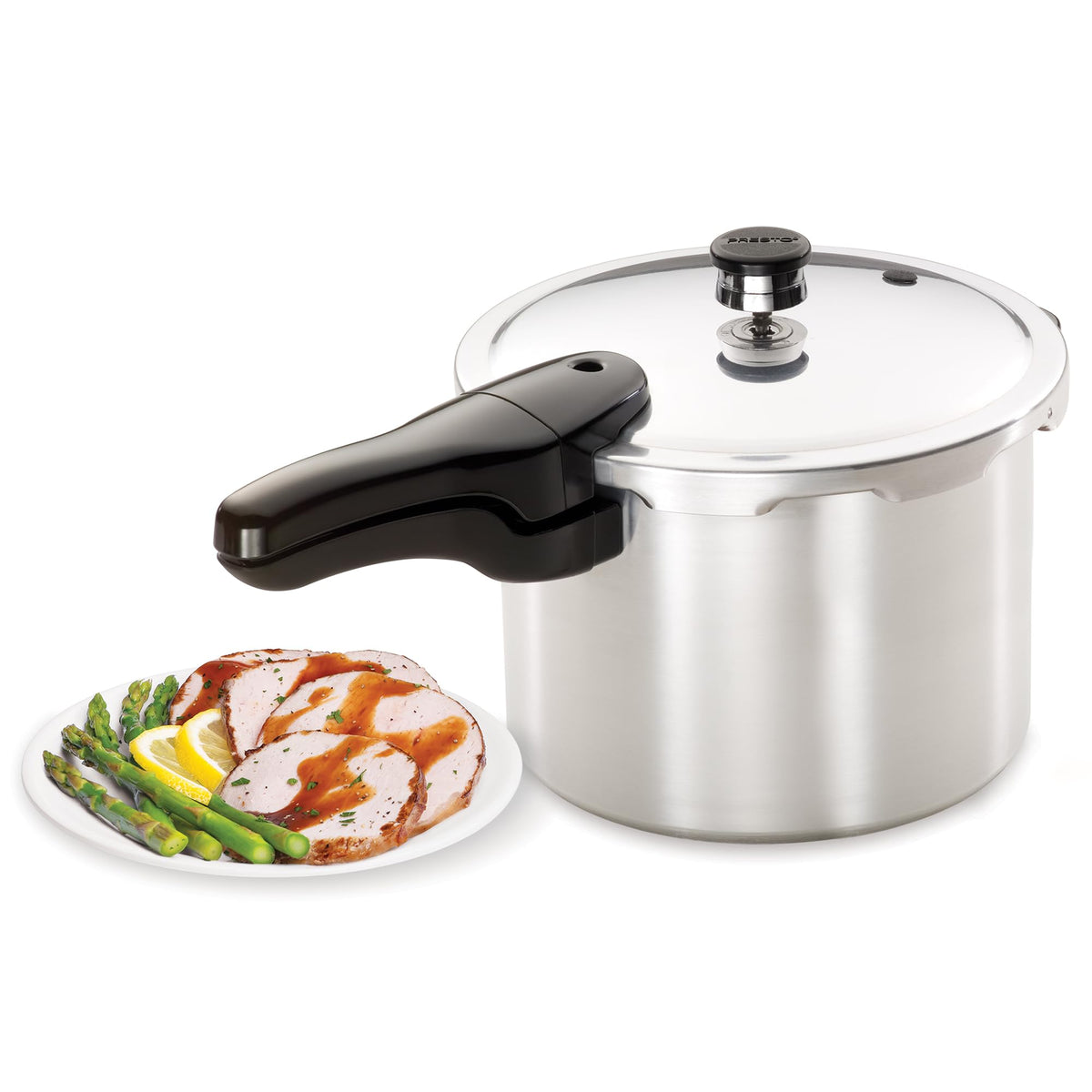 Presto front view showing pot and lid, durable cooking benefits