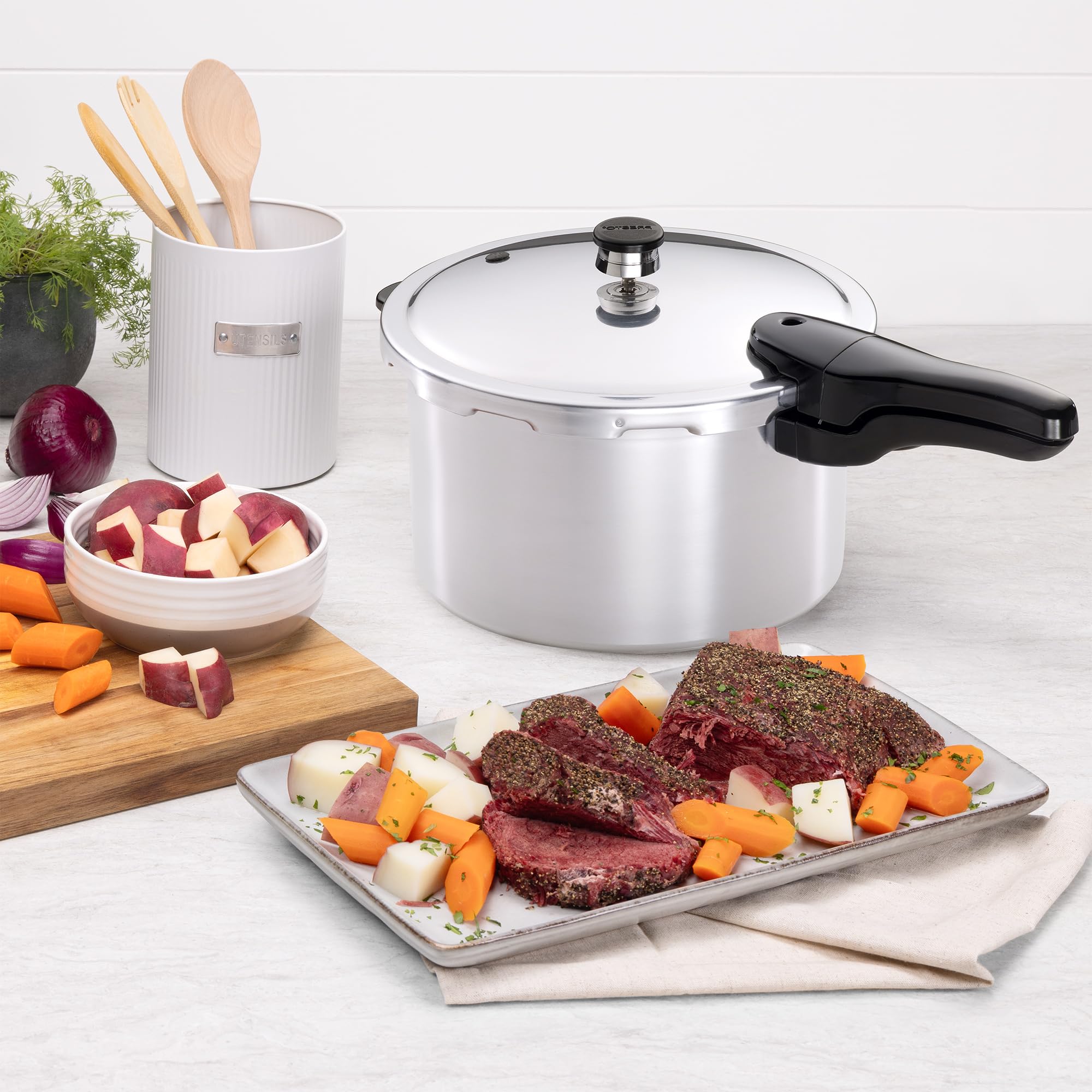 Presto closeup of lid lock demonstrating secure cover locking for safe pressure cooking
