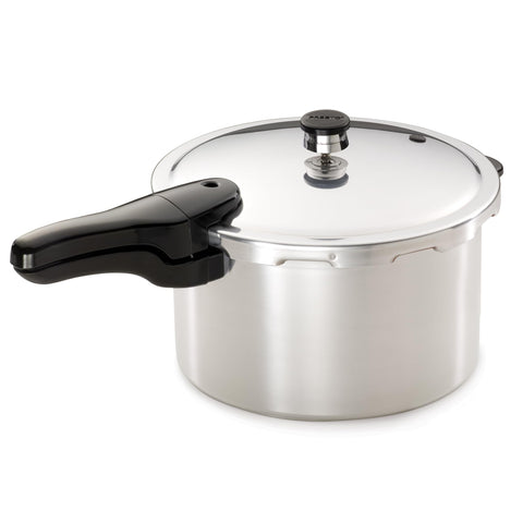 Presto 8‑quart front view showing polished aluminum and handles for durable everyday cooking