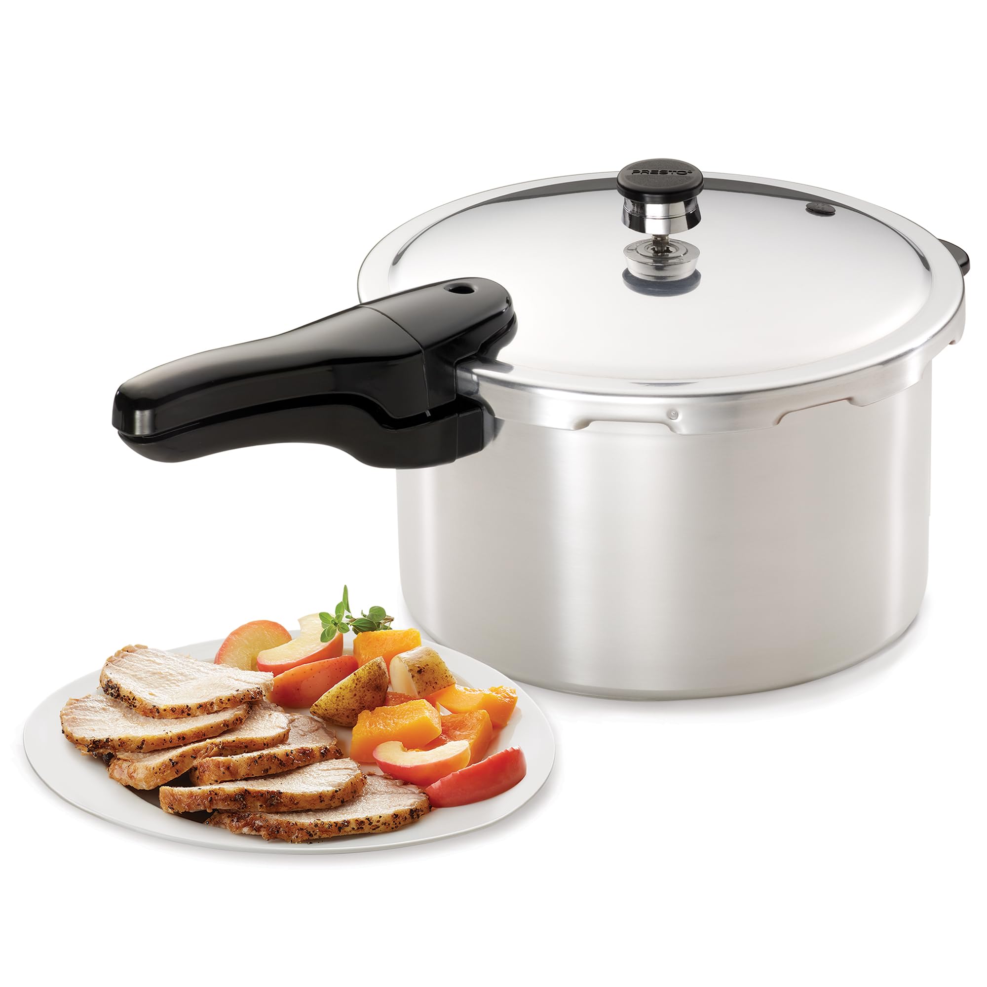 Presto pressure cooker open with rack inside illustrating layered steaming and multi‑food cooking