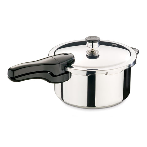 Presto front view of 4-quart stainless pressure cooker showing handles and finish, durable build benefit