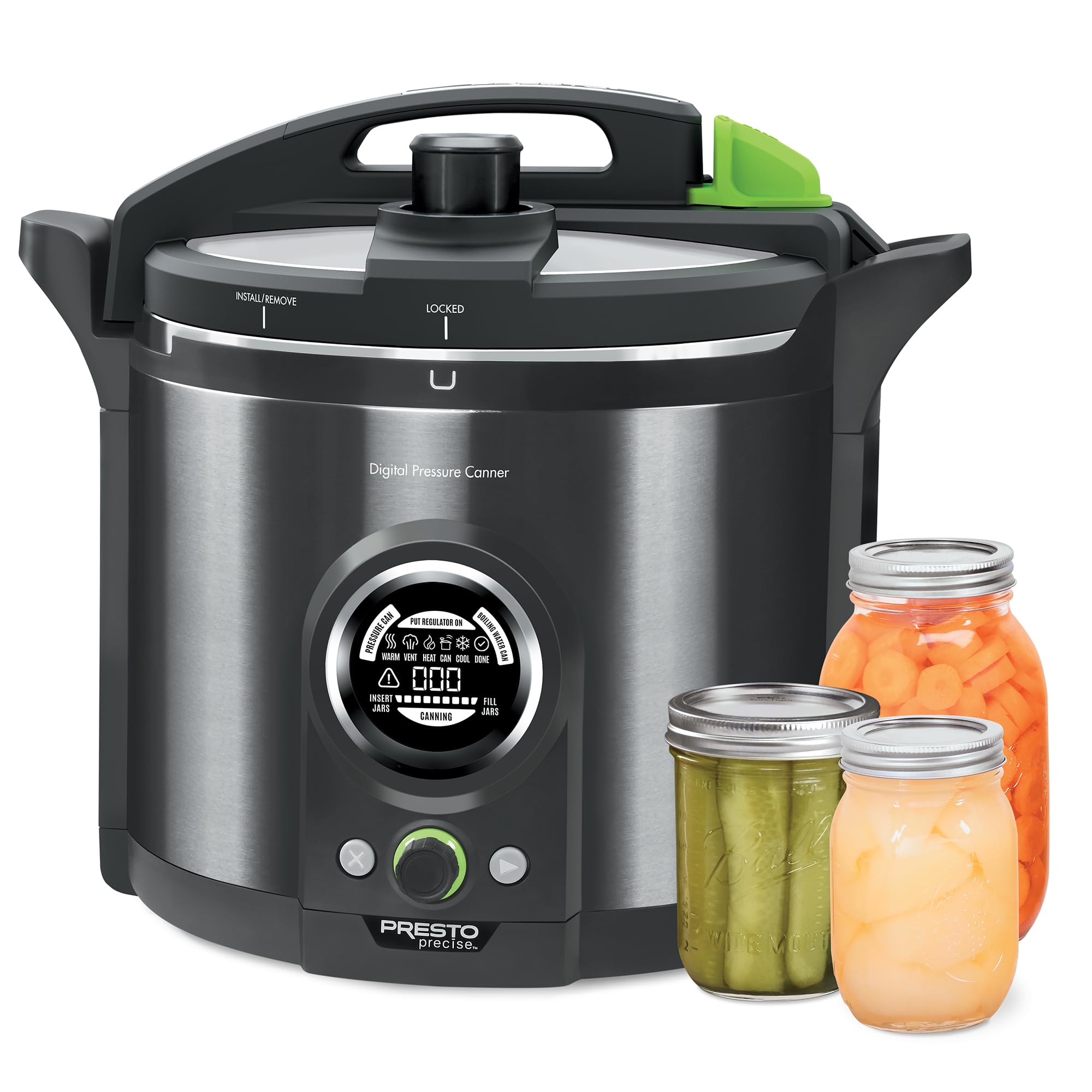 Presto canner in a kitchen with preserved jars, benefit: ideal for home preserving and storage