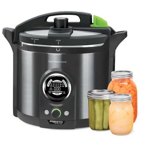 Presto canner in a kitchen with preserved jars, benefit: ideal for home preserving and storage