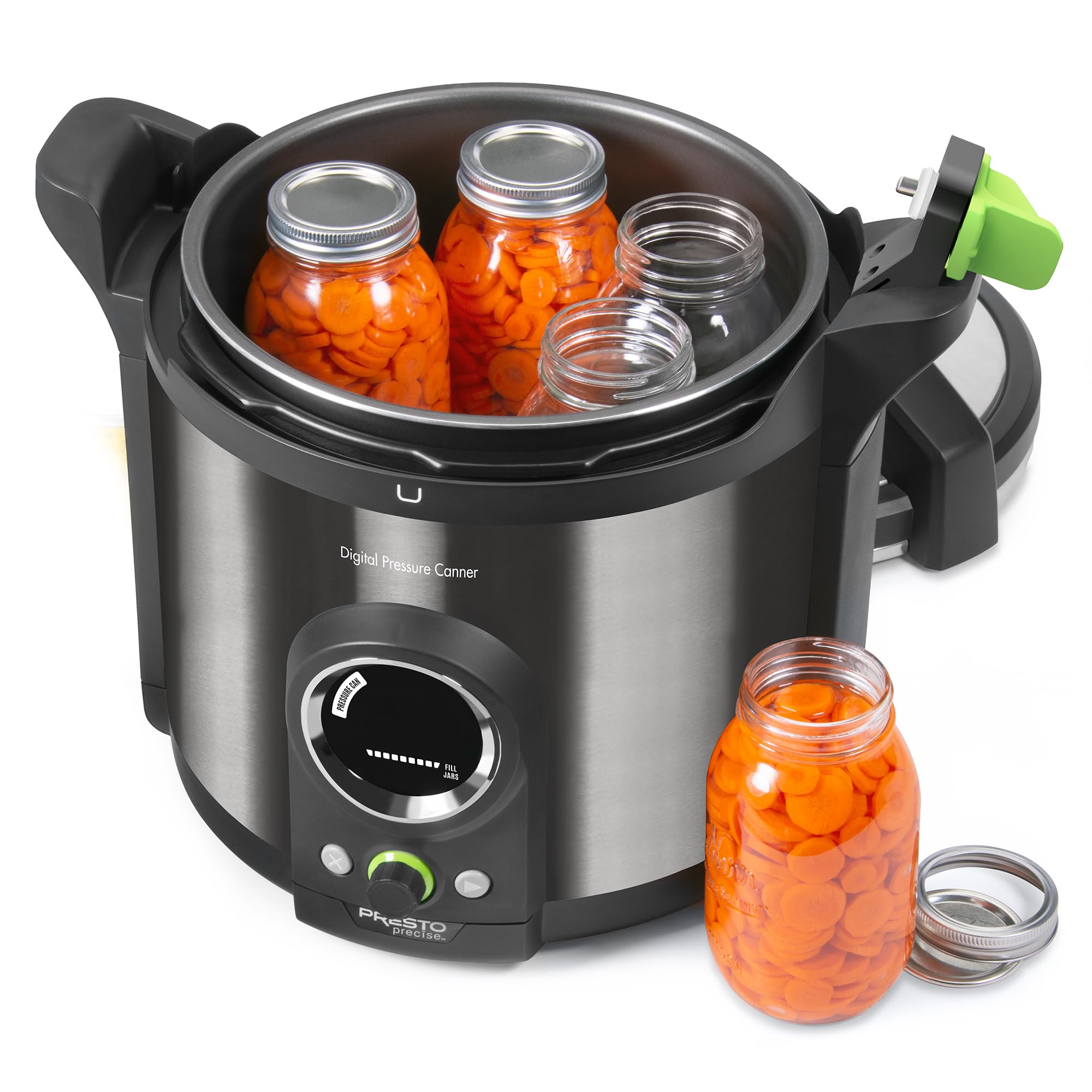Presto open canner with rack and mason jars inside, benefit: even jar spacing for reliable processing