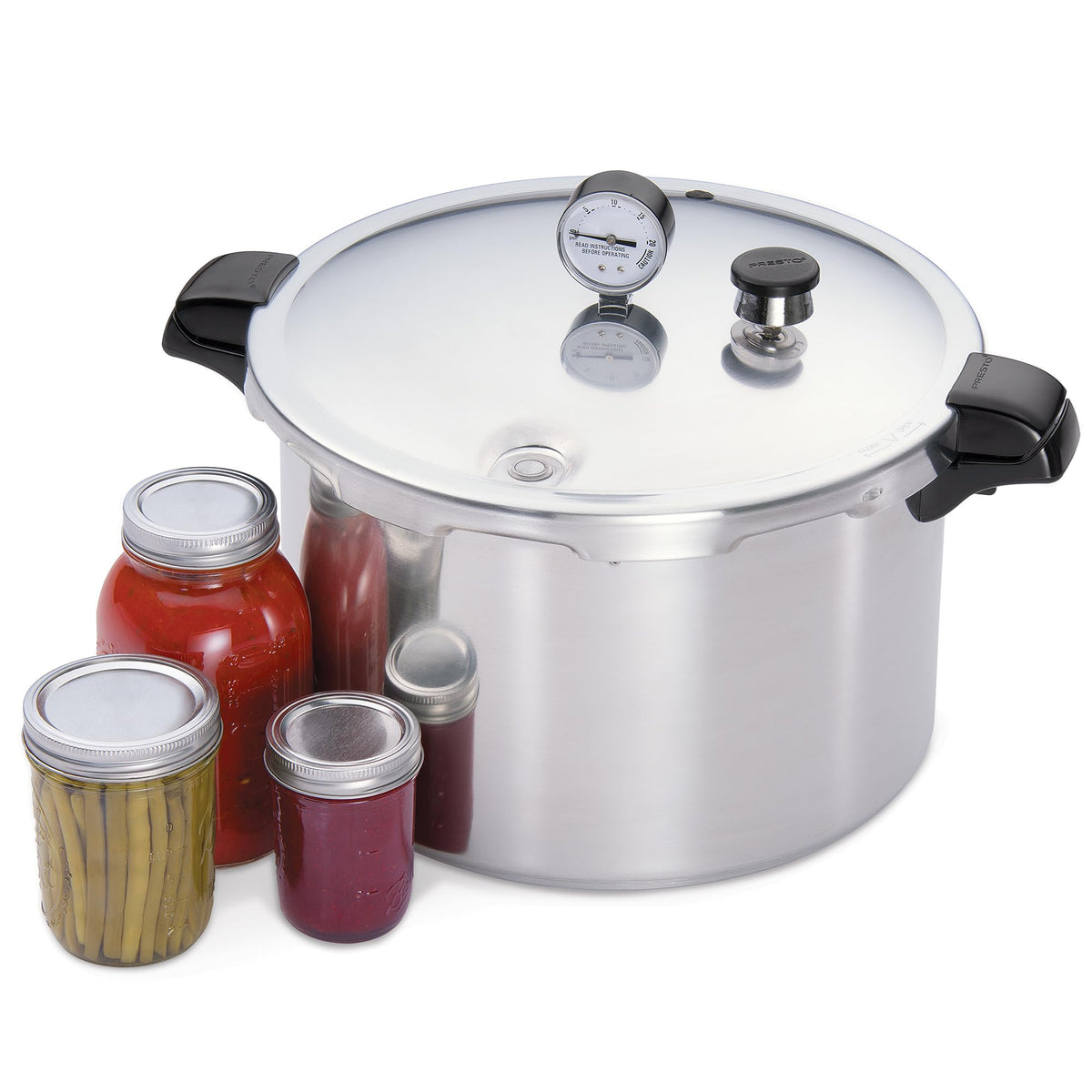 Presto front view of 16-quart canner showing capacity and sturdy build for safe canning