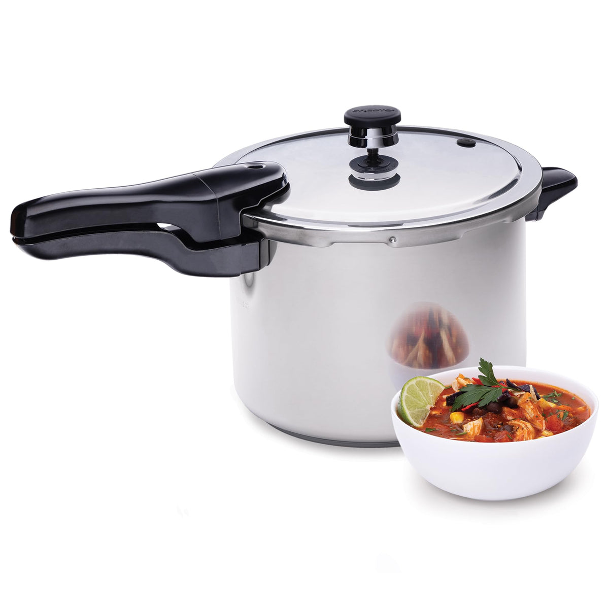 Presto front view stainless pressure cooker showing polished exterior and lid for durable use