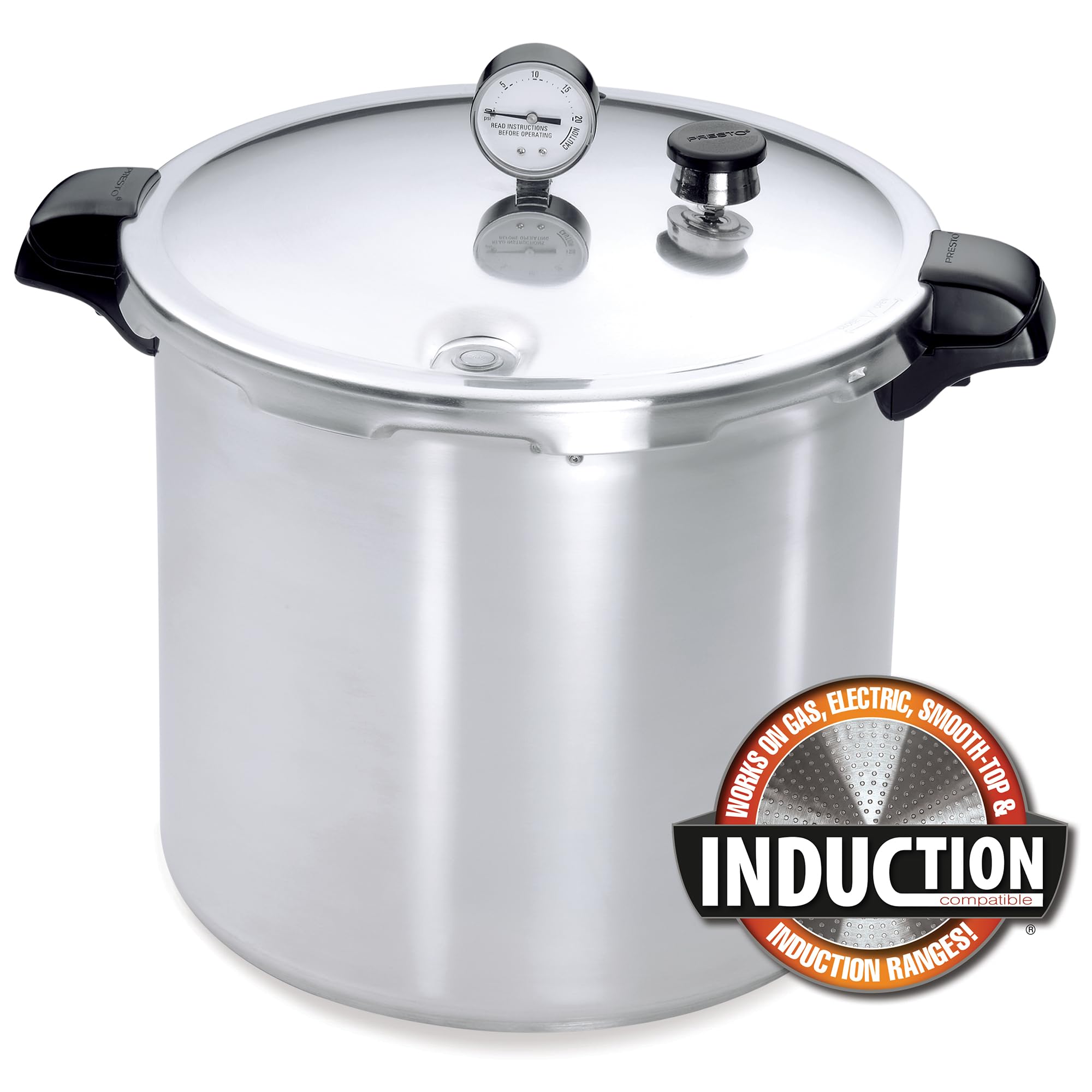 Presto close-up of stainless-steel clad base demonstrating induction compatibility