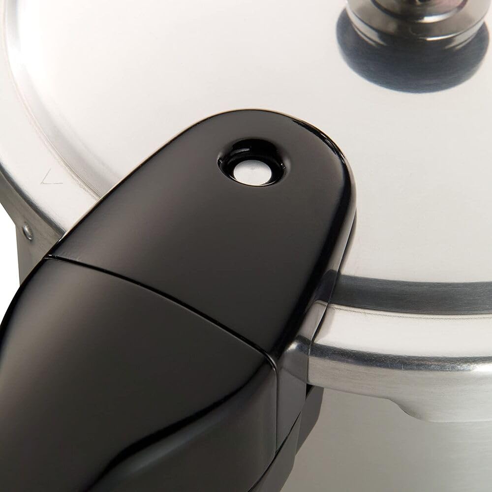 Presto lid detail with locking mechanism and pressure indicator showing safe operation benefit
