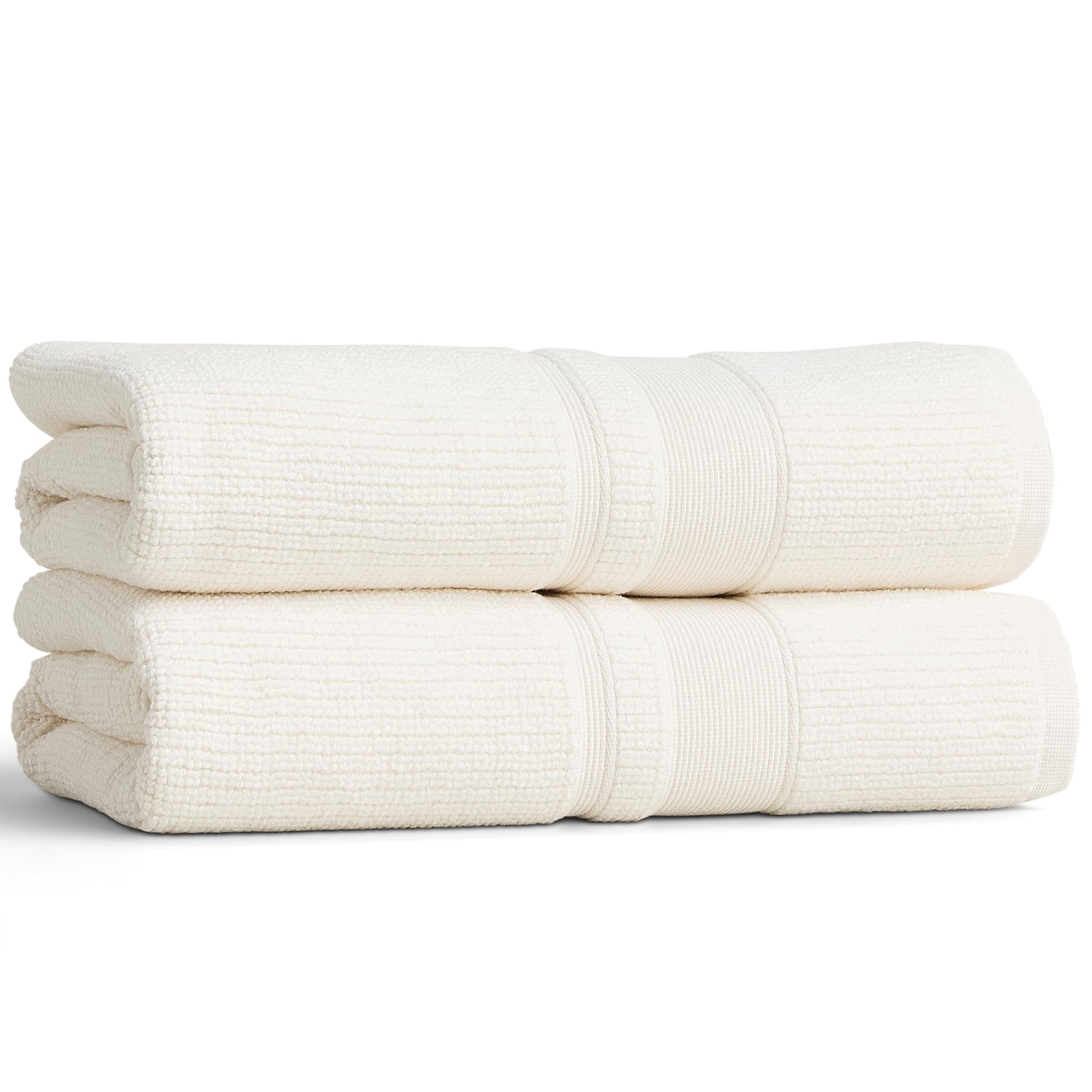 Preston Lane front view of two alabaster Douro bath towels showing neat fold and color