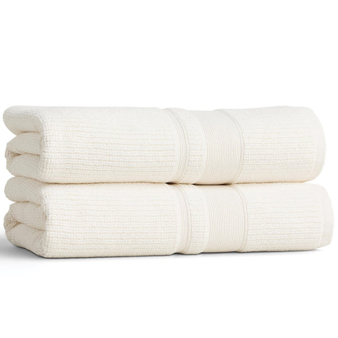 Preston Lane front view of two alabaster Douro bath towels showing neat fold and color