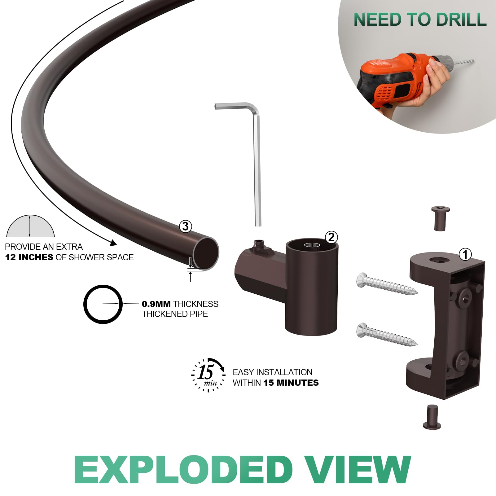 PrettyHome rod beside tub showing adjustable 38–72 inch scale for fit