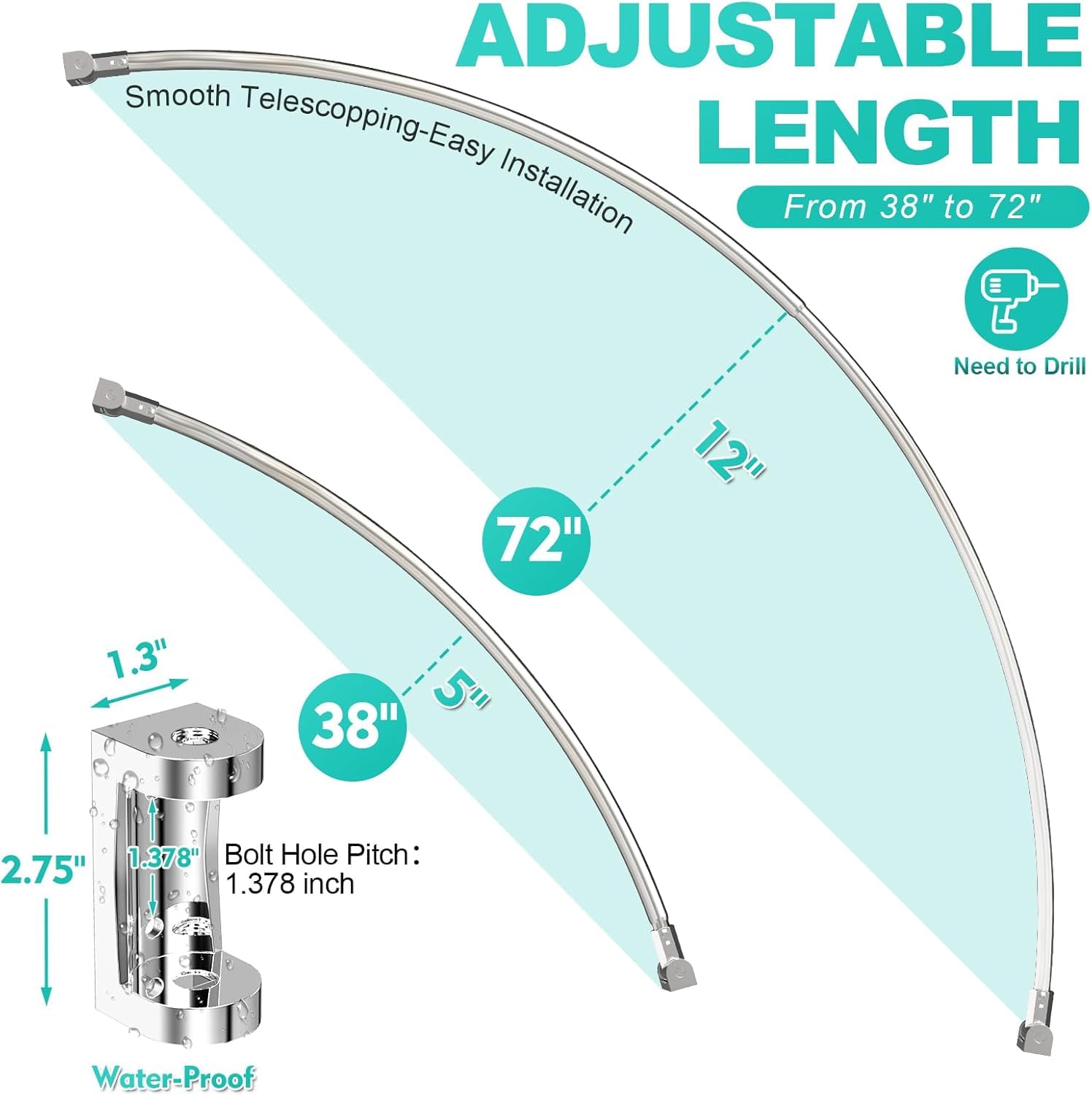 PrettyHome rod mounted with curtain demonstrating increased shower space benefit