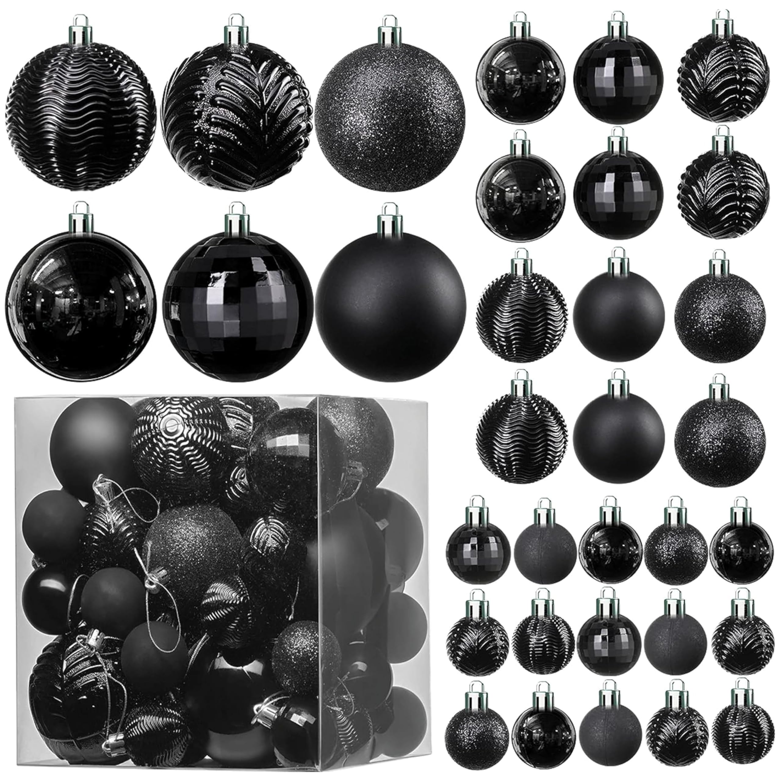 PREXTEX front view of 36-piece black ornament set showing variety and ready-to-hang benefit