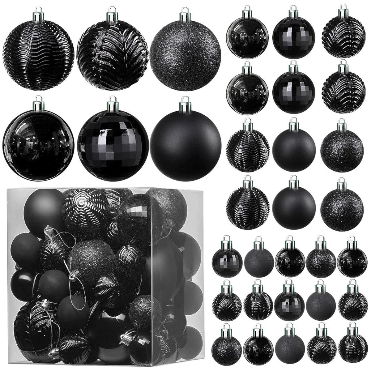PREXTEX front view of 36-piece black ornament set showing variety and ready-to-hang benefit