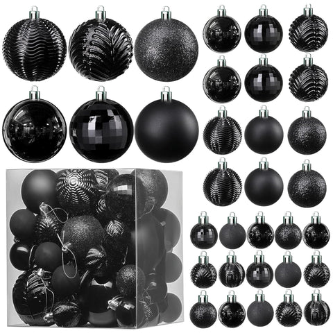 PREXTEX front view of 36-piece black ornament set showing variety and ready-to-hang benefit