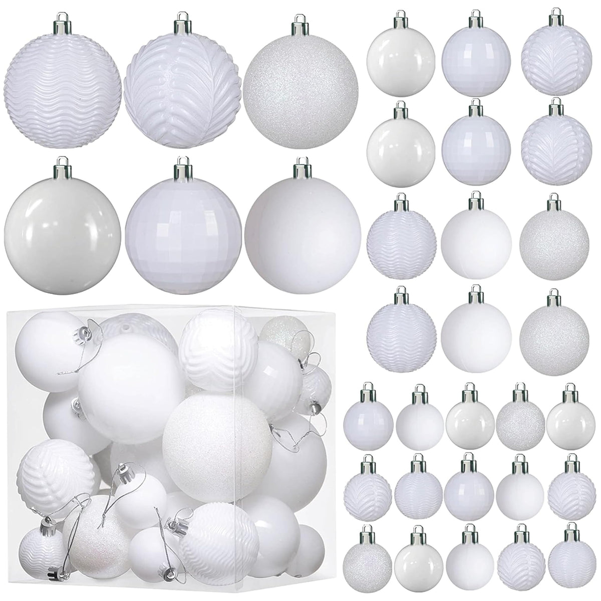 PREXTEX front view of 36-piece white ornament set showing variety and convenience