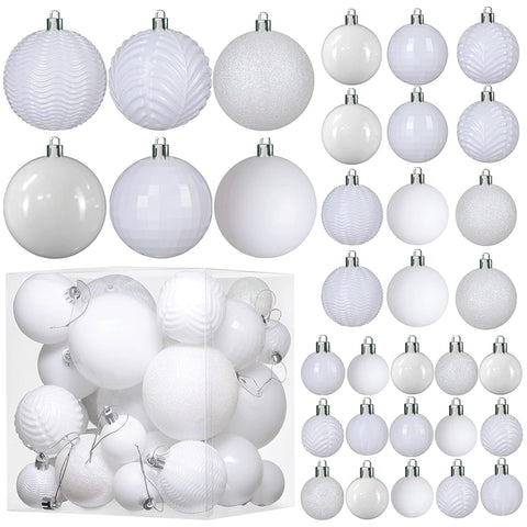 PREXTEX front view of 36-piece white ornament set showing variety and convenience