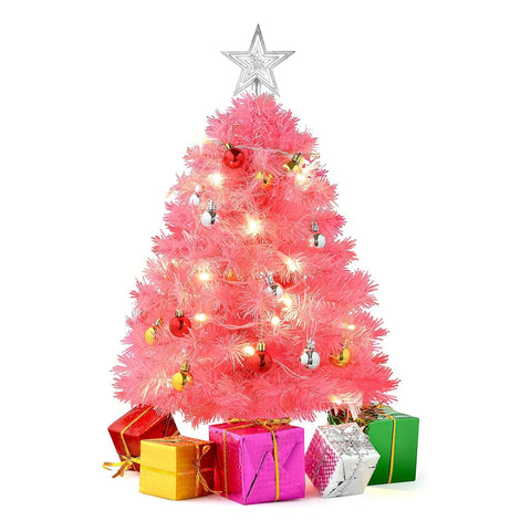 PREXTEX front view of pink 23 inch tabletop tree showing full decorated display and charm