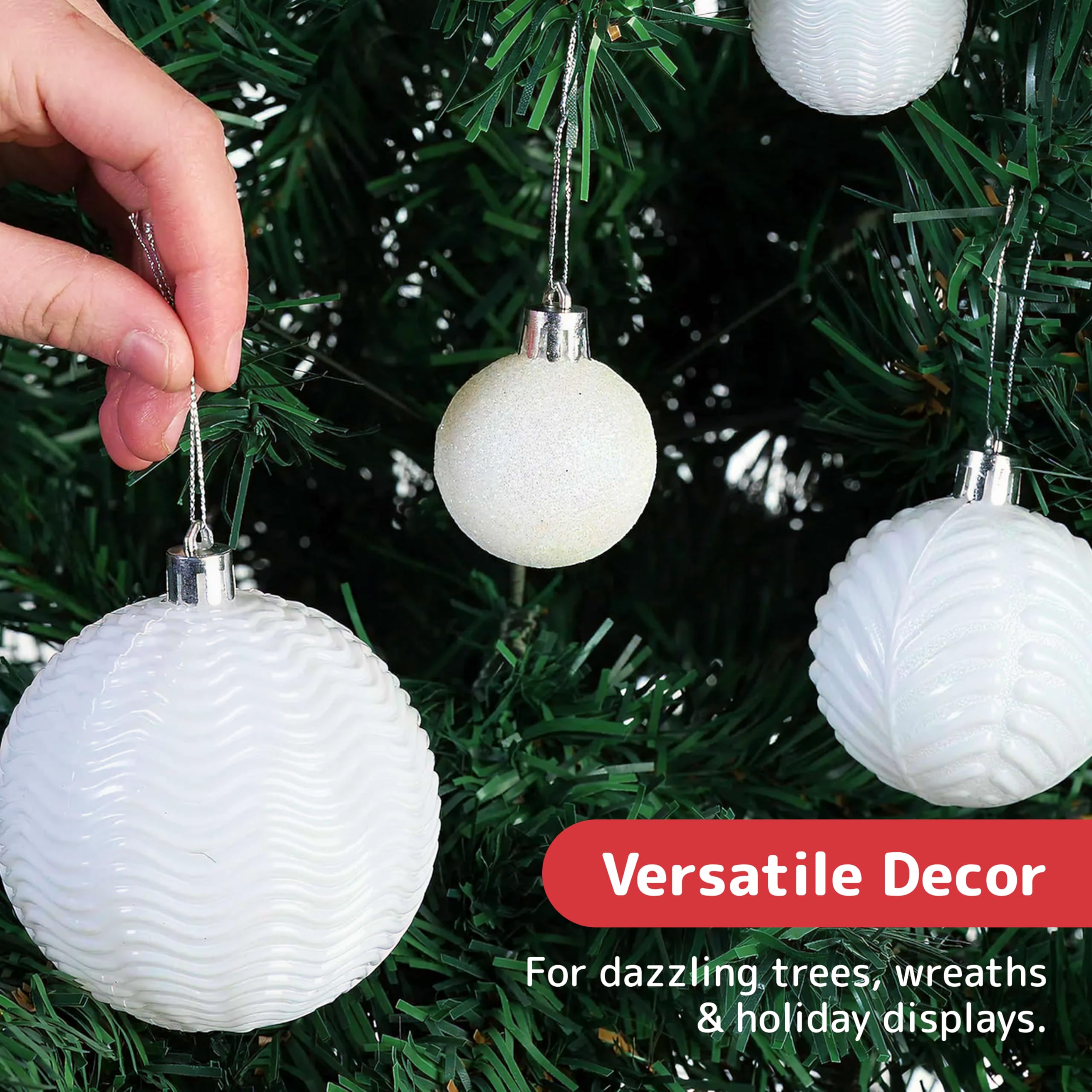 PREXTEX white ornaments hung on a decorated tree creating elegant ambiance