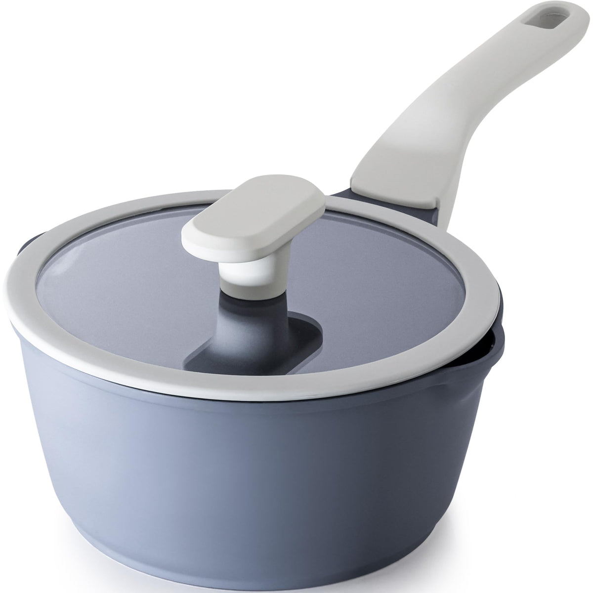 PRICUSIS front view with lid showing compact saucepan and convenient lid seal benefit